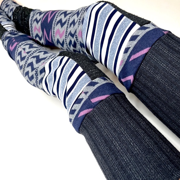 Patchwork Striped Leg Warmers Purple Sweater Knee Socks Gray Knit Thigh Highs OS - Picture 9 of 10